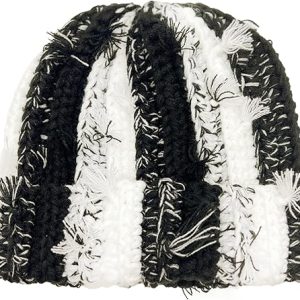 Textured Ribbed Knit Beanie - Black and White